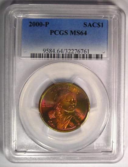 2000 P Sacagawea Dollar, Double Struck, Flip-over in Collar, MS64 $2,760