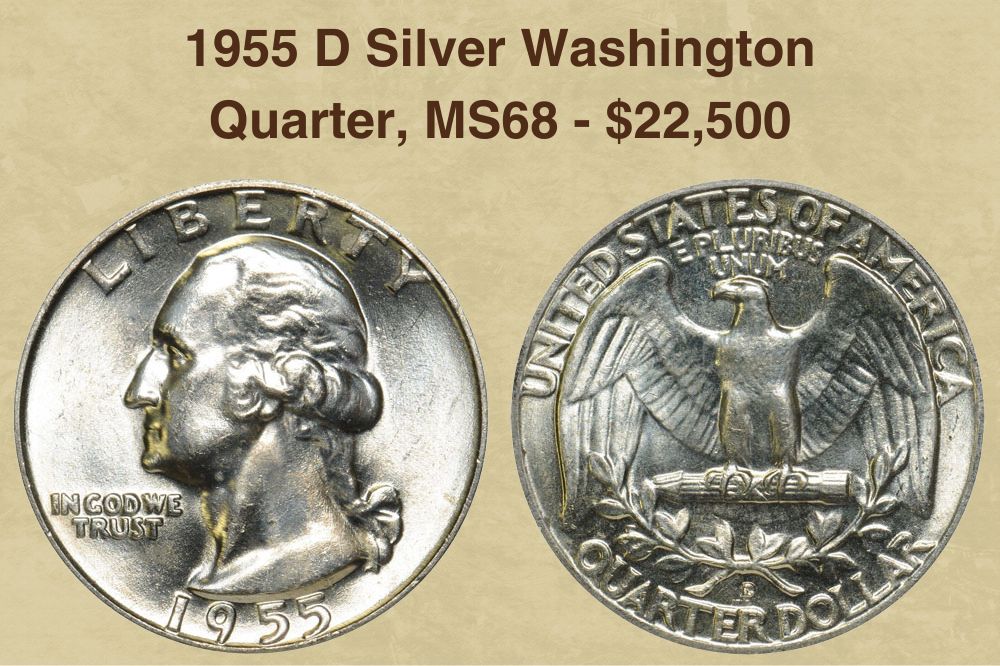 1955 D Silver Washington Quarter, MS68  - $22,500