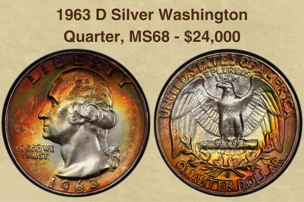 1963 D Silver Washington Quarter, MS68  - $24,000